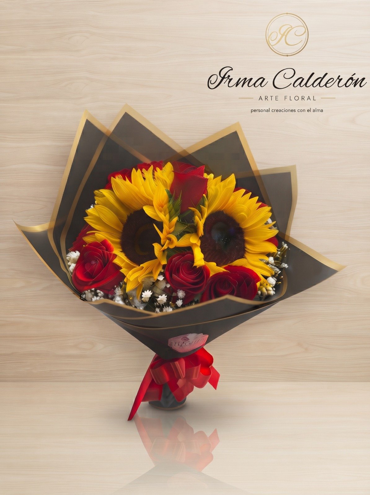 Ramo de girasoles y rosas rojas en papel coreano negro